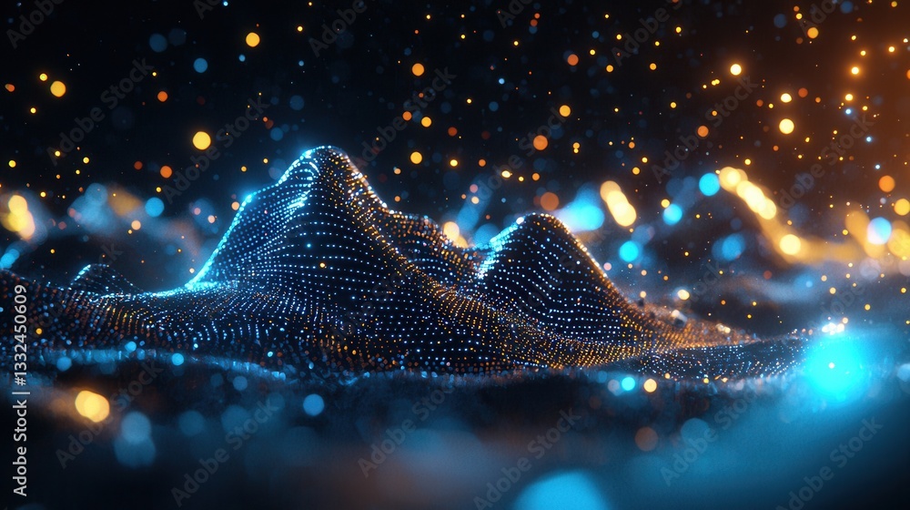 Poster mesmerizing digital landscape with luminous ethereal waves flowing dynamically across a dark and sur