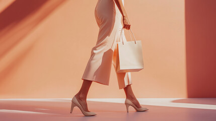 A detailed shot of a woman's lower body as she walks gracefully, holding a chic shopping bag in one hand