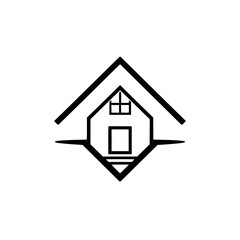 Geometric black and white house illustration, minimalist logo design featuring roof, door, and window, isolated on white background.