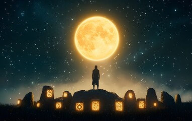 Mystical Solitude Under the Celestial Canopy: A solitary figure stands in contemplation beneath a celestial dome, a symbol of introspection amid ancient architecture.