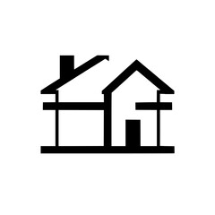 A minimalistic, two-house logo in contrasting black and white, featuring a chimney, door, and simple geometric shapes for a clean, modern aesthetic.