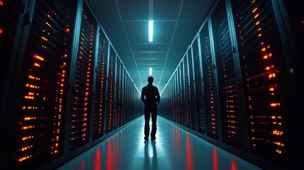 A lone figure stands in a vast server room, illuminated by the soft glow of countless servers. The scene evokes a sense of mystery and technological prowess.