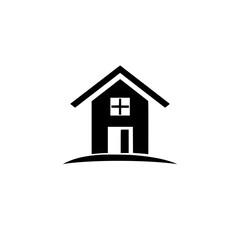 Minimalist Black House Icon with Roof and Door, on a Curve-Line Field, a Cross-Shaped Window on a Pure White Background, Simple and Clean Graphic.