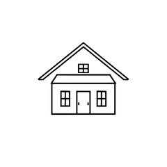 Minimalist Black and White Vector Illustration of a Simple House with Triangular Roof, Windows, and Door, on White.