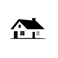Minimalist Black and White Illustration of a Two-Story House with a Gable Roof, Chimney, and Geometric Windows and Doors.