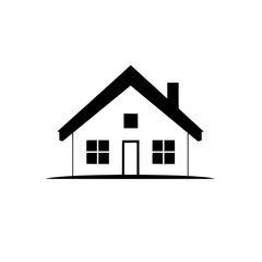 Minimalist Black and White Illustration of a House with a Gable Roof, Door, Chimney, and Windows, on White Background