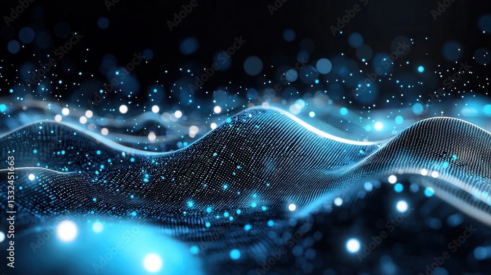 Poster vibrant luminous waves of digital data flowing and pulsating across a dark futuristic background cre