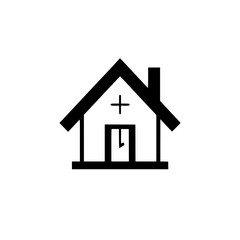 Simple Black and White Icon of a House with a Cross Symbol, Chimney, and Door, Representing Healthcare or Home.