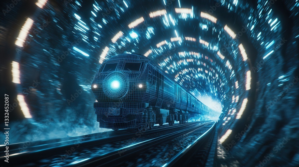 Poster a high speed futuristic train with a blue wireframe design cutting through a luminous dynamic tunnel