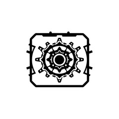 Intricate Black and White Gear System Design Enclosed in a Square Frame, Featuring a Detailed, Symmetrical Mechanical Arrangement.