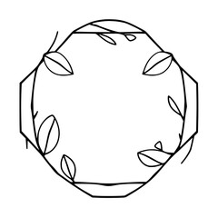 Geometric Octagon Frame Adorned with Leafy Vines, a Minimalist Black and White Line Art Design.