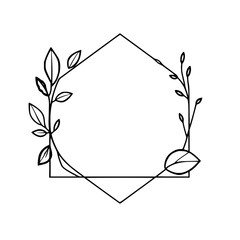 Minimalist Black and White Geometric Hexagon Frame with Detailed Foliage Border Design on White Background, Clean and Elegant Aesthetic.