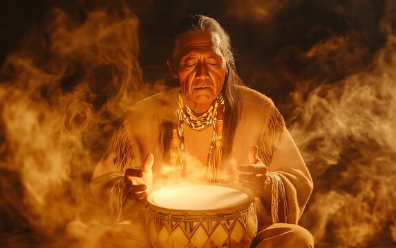 Ancient Rituals: A Native American elder engrossed in a ceremonial act, playing a drum amidst an ethereal atmosphere, the scene emanating both tranquility and profound spiritual essence.