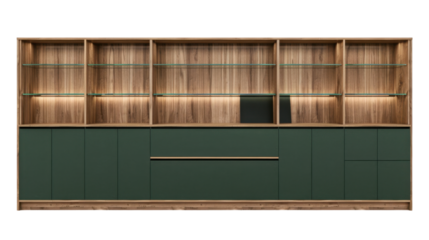 Modern empty green and wooden bookcase with glass shelves and integrated lighting on transparent background