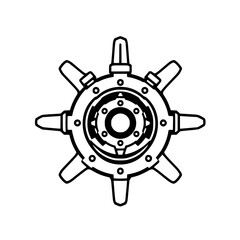 Obraz premium Detailed black and white mechanical wheel, with circular cog-like interior, and radial arms/spikes, a gear-like design.