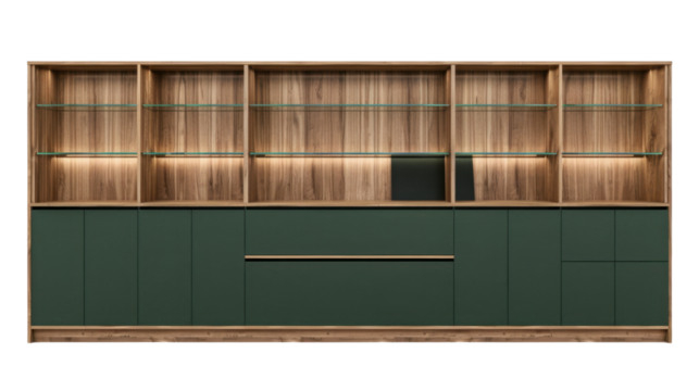 Modern empty green and wooden bookcase with glass shelves and integrated lighting on transparent background - Powered by Adobe