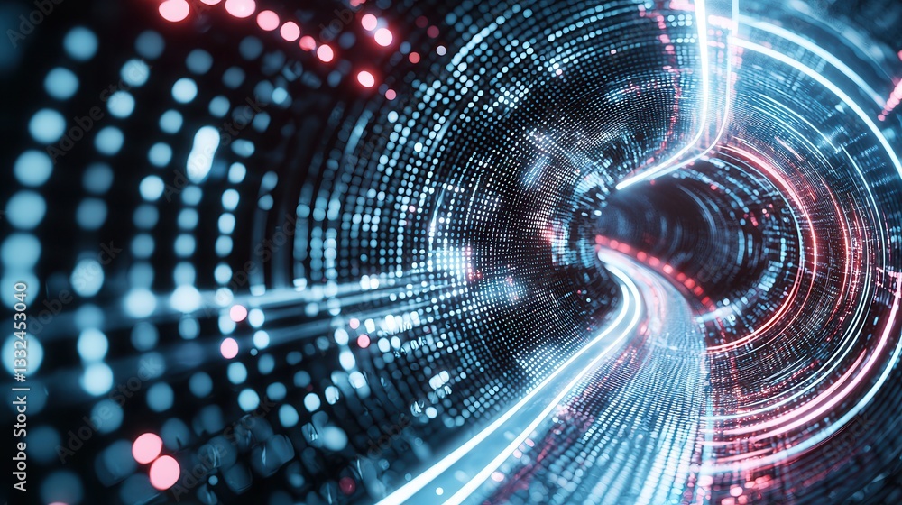 Poster a dynamic and visually captivating abstract image featuring a glowing digital tunnel with swirling p