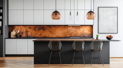 Modern kitchen island, copper backsplash, wood floor, minimalist design, interior design