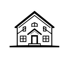 Minimalist Black and White Illustration of a Classic Two-Story House with Gabled Roof, Door and Windows