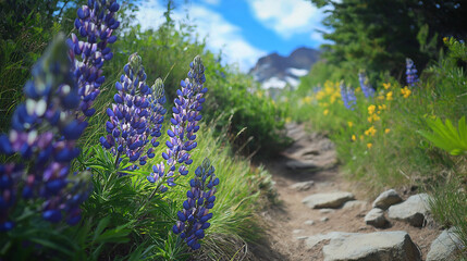 Fototapeta premium Lupine flowers on a hiking trail in summer, low angle view