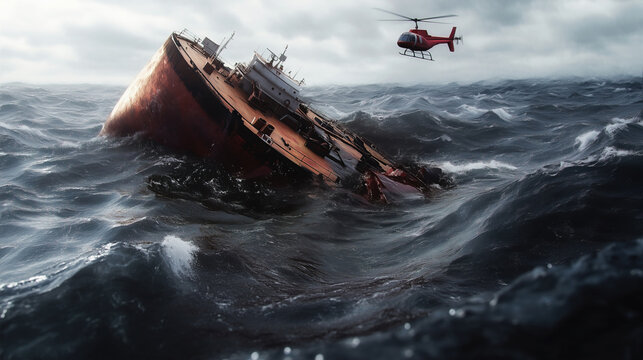 Sinking oil tanker ship in stormy sea. Rescue helicopter flying above. Maritime disaster, emergency response. Ecological crisis, oil spill, environmental hazard threatening marine ecosystem, safety