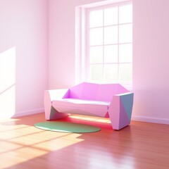 Unique modern sofa in a bright minimalist room with natural light vibrant pastel colors geometric design elegance freshness comfort furniture decor interior design