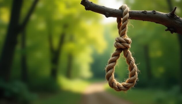 Rough hemp rope noose hangs from bare oak branch , fate, rope, hanging