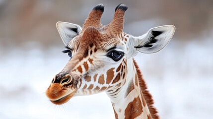 Obraz premium Close-up of a giraffe in winter setting.