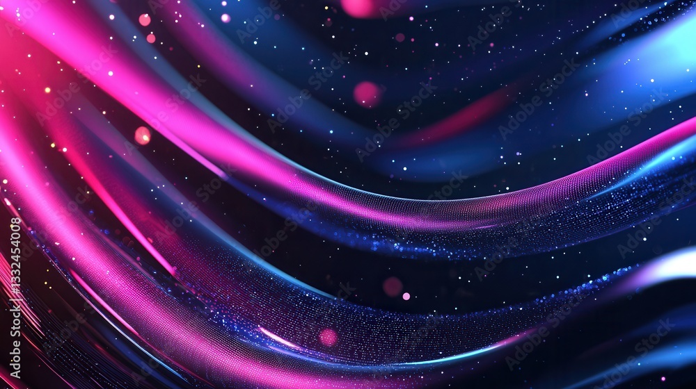 Poster captivating abstract digital design featuring glowing neon pink and blue wave lines that create a dy