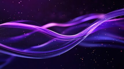 Undulating metallic purple holographic ribbons, suspended in motion, reflect soft neon hues in deep space.