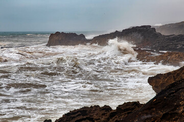 View of the stormy water of the Atlantic Ocean in the area of Essaouira in Morocco.