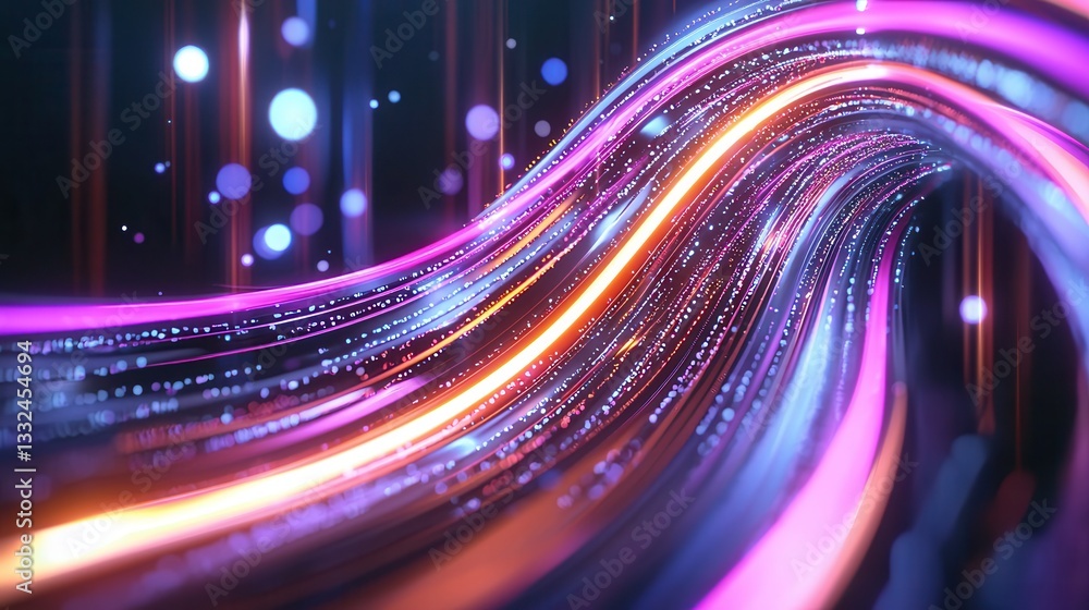 Poster this image depicts a mesmerizing and visually stunning display of glowing neon wave lines creating a