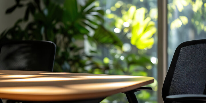 Wooden Table and Black Mesh Office Chairs near Window with Greenery