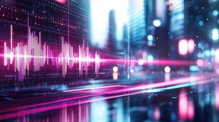 Fototapeta premium A dynamic abstract visualization of glowing neon sound waves overlaying a vibrant futuristic cityscape at night