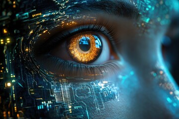 A close-up of a human eye overlaid with a futuristic circuit board, symbolizing technological integration with the human body.