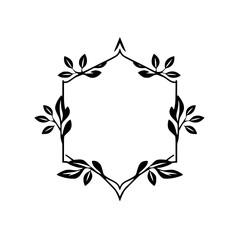 Minimalist Black and White Geometric Frame Adorned with Delicate Leafy Branches and Leaves on White Background.