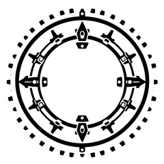 Symmetrical Black and White Geometric Circular Design with Stylized Arrows, Shapes, and Dot Border, Isolated on White.