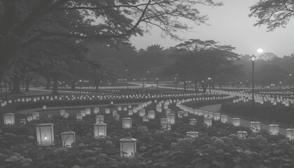 A Serene Evening Memorial With Countless Glowing Lanterns Illuminating A Tranquil Park Path Under A Soft Twilight Sky