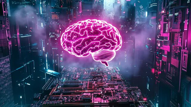Neon Brain in Cyberpunk Cityscape: A Futuristic Digital Mind