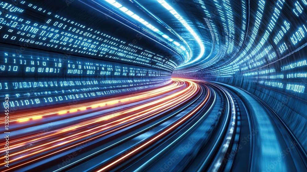 Poster vibrant neon lit tunnel with a dynamic flow of digital data and energy creating a futuristic and abs