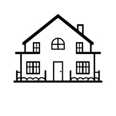 A simple, vector illustration of a two-story house with a gabled roof, chimney, and windows in a minimalist style.