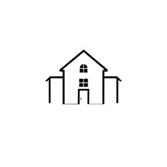 Minimalist Black-Line Art House Silhouette, Featuring Gable Roof, Door, Square & Arch Windows Against White Background.