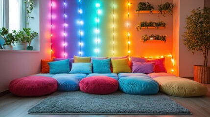 Rainbow lights illuminate cozy floor seating area