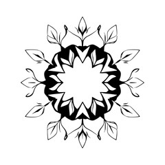 Symmetrical Black and White Floral Mandala: A stylized circular design featuring a central void surrounded by star-like petals and delicate, leafy branches.