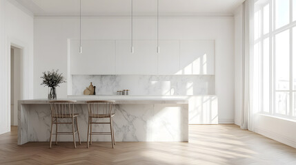Modern Minimalist Kitchen Interior Design with Marble Island and Wooden Floor