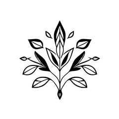 Symmetrical black and white minimalist botanical illustration featuring stylized leaves and plant-like forms arranged in a symmetrical design.