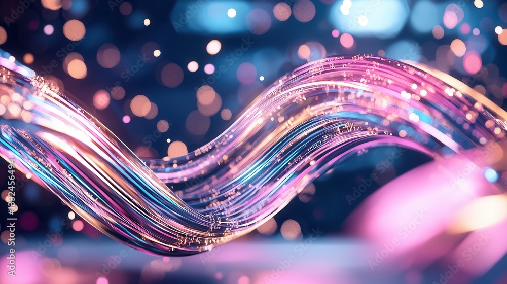Poster vibrant luminous neon wave patterns in shimmering gold soft pink and deep blue hues creating a mesme