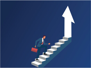 Businessman climbing stairs towards success with upward arrow in the background