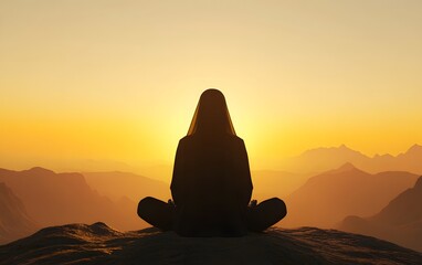 Serene Meditation Silhouette: A figure sits in tranquil meditation atop a mountain at dusk, embodying peace and self-reflection under a brilliant sunset.