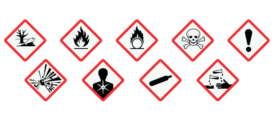 Globally Harmonized System GHS Warning Signs. Hazard symbols illustrating different types of dangers and safety precautions for various environments